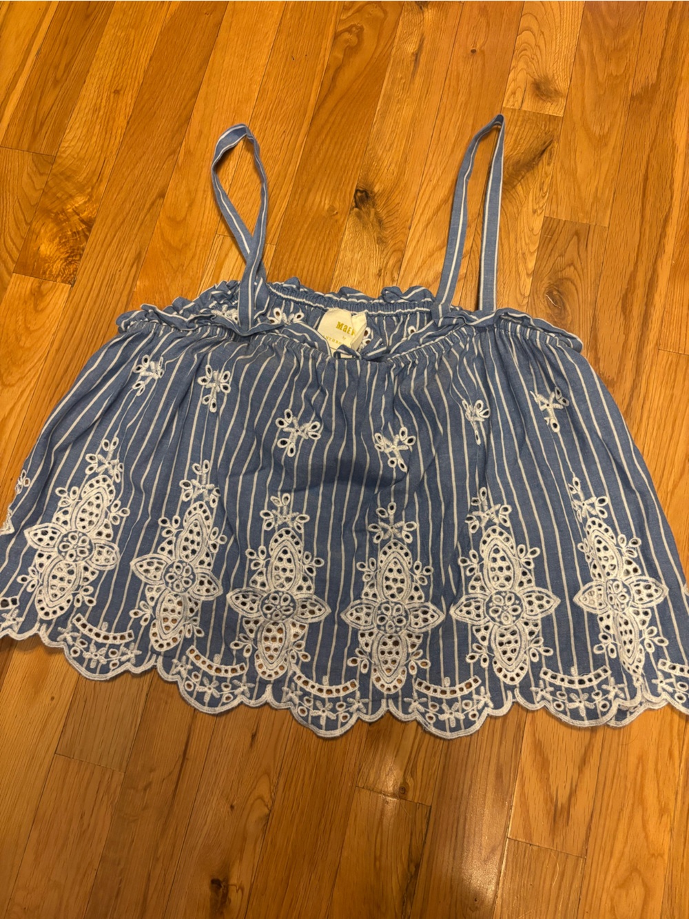 Anthropologie Blue and White Embroidered Strappy Crop Top